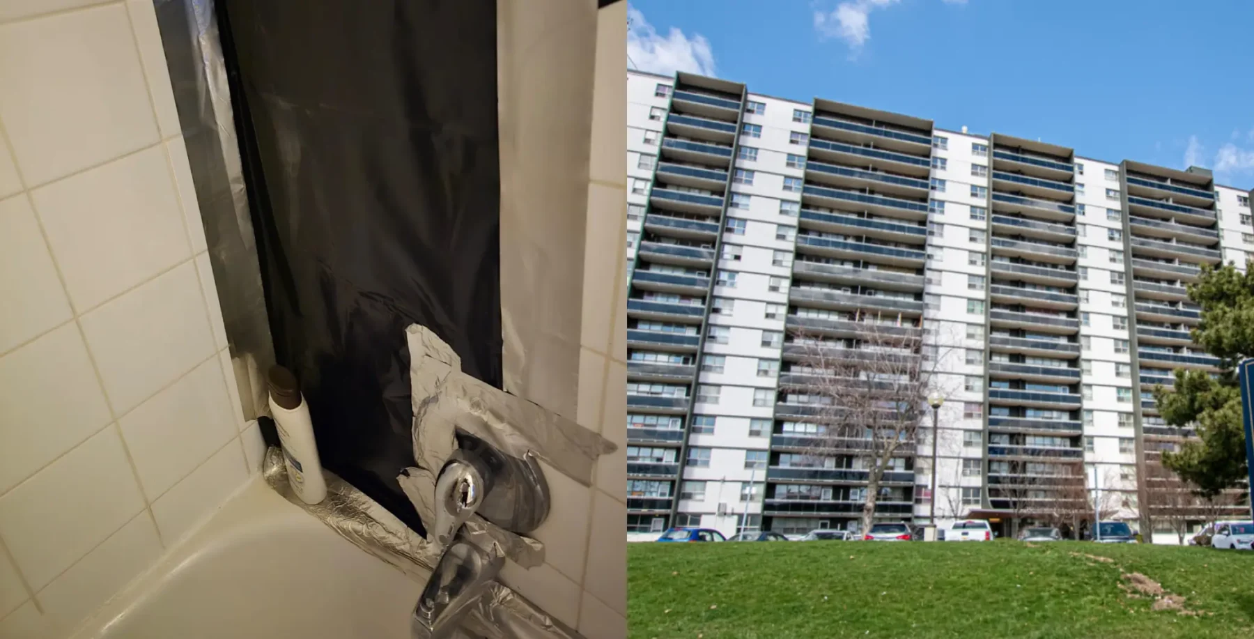 A deteriorating Toronto apartment building showing signs of neglect and structural issues, highlighting concerns over living conditions in Scarborough.