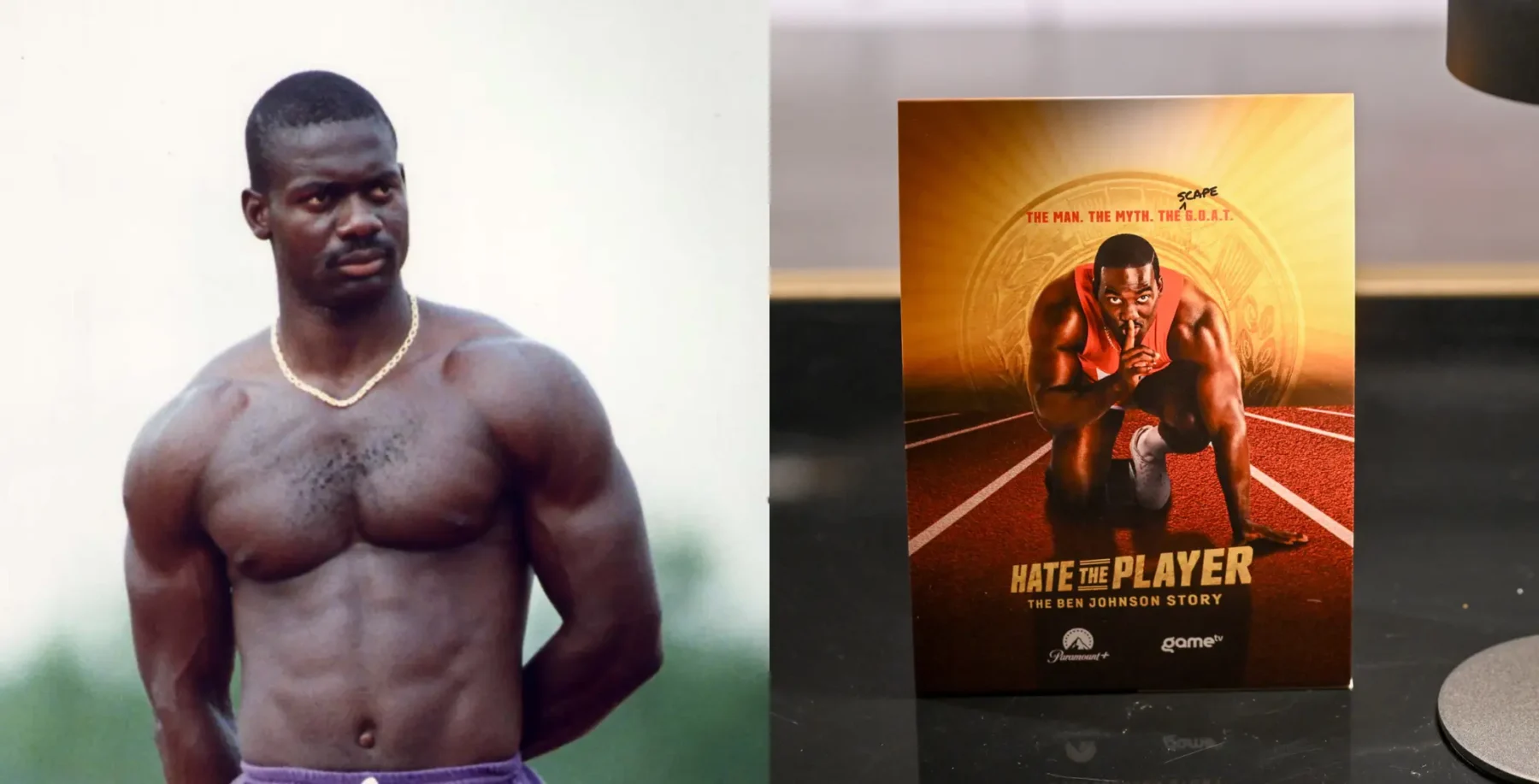 An image of Canadian sprinter Ben Johnson, known for his involvement in the 1988 Olympic scandal, displayed alongside a promotional poster for the mockumentary "Hate the Player" about his story.