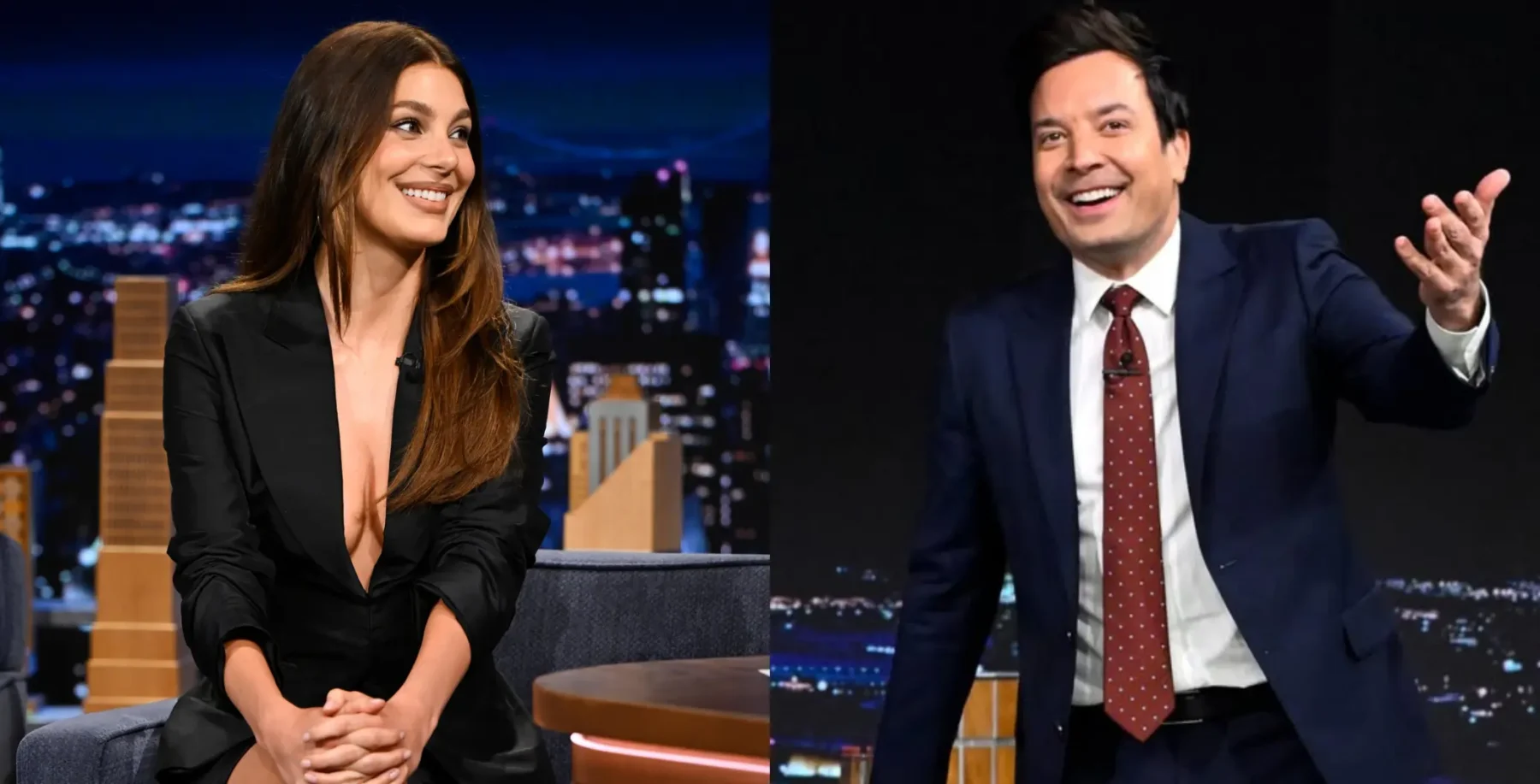 Canadian actress teaching Jimmy Fallon Toronto slang during a lively interview on late-night TV, highlighting Toronto culture and local language.