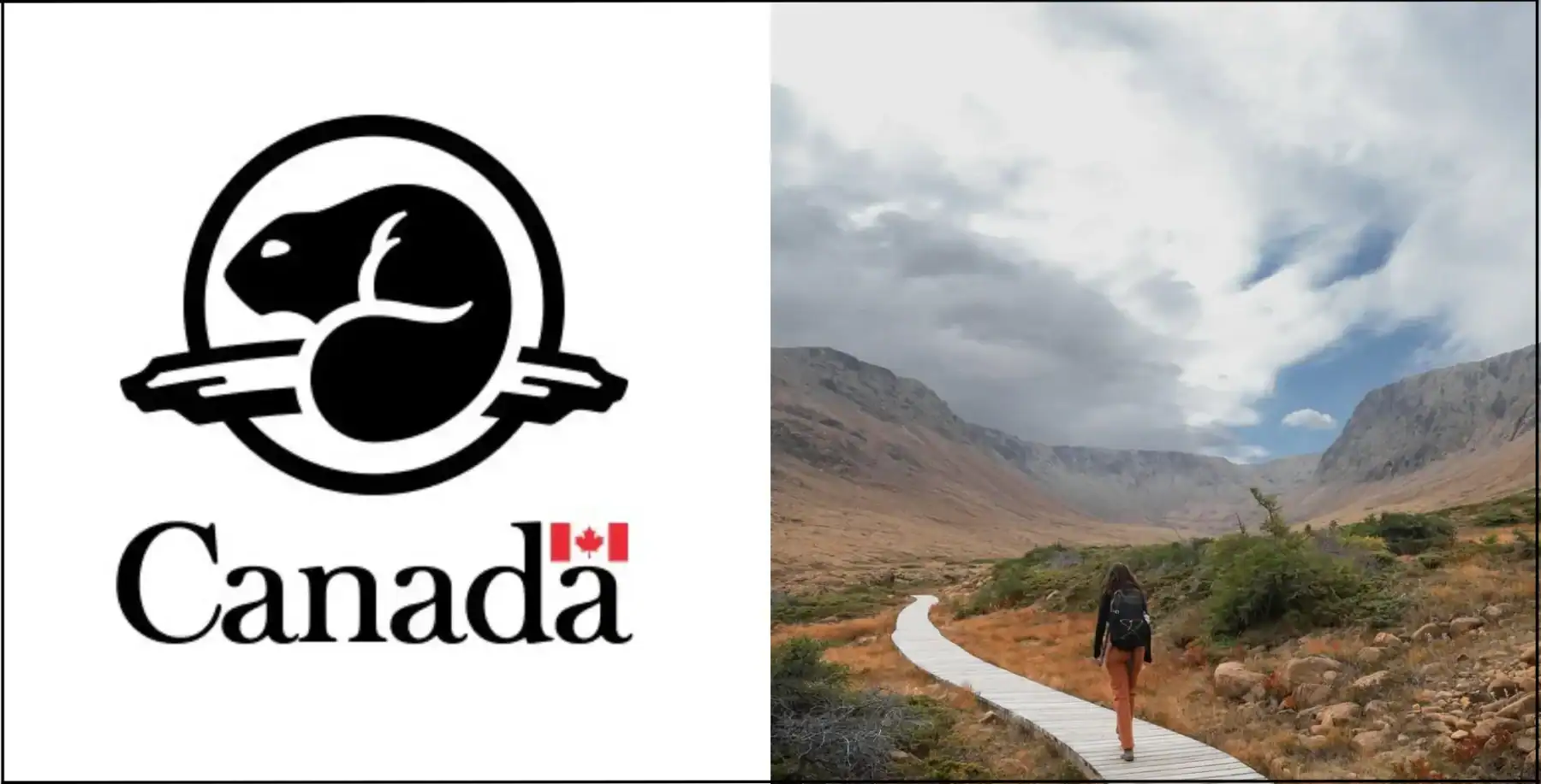 A person hiking along a scenic mountain trail in a national park, with rugged terrain and cloudy skies, promoting Canada's free national park admission program.