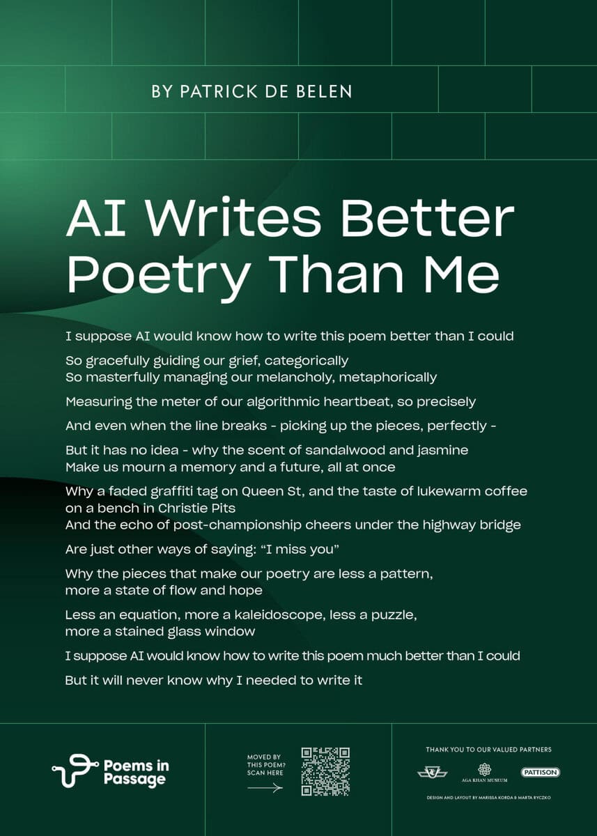 Artistic image of a poem displayed on a digital screen with a green tiled background, referencing a Toronto poetry project transforming TTC spaces into artistic connections.