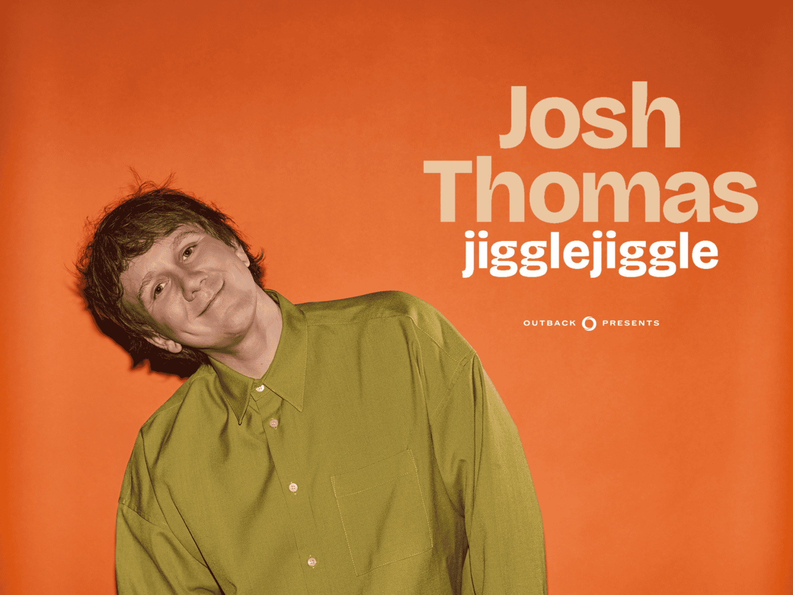 Promotional image of comedian Josh Thomas for his show "Jiggle, Jiggle," featuring him smiling in a green shirt against an orange background, promoting his performance in Toronto.