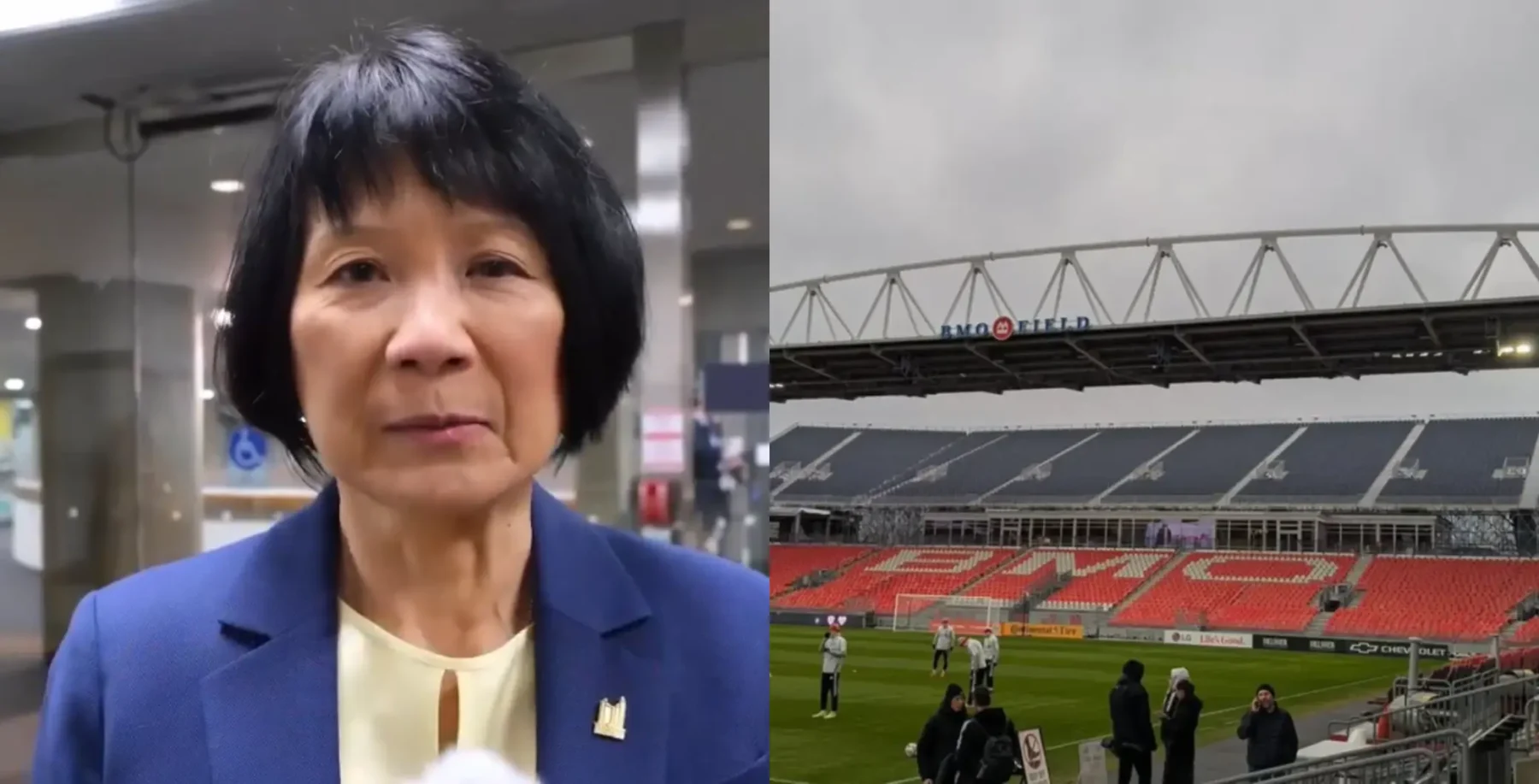 Mayor Olivia Chow speaking at a stadium with empty seats, emphasizing community engagement ahead of FIFA World Cup.