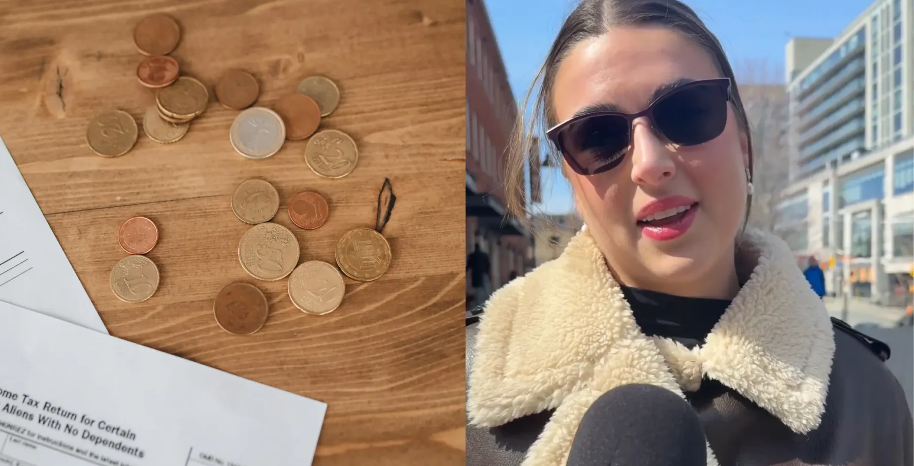 Image showing scattered coins and a woman in Toronto discussing the impact of tax refunds on Canadians' financial stability.
