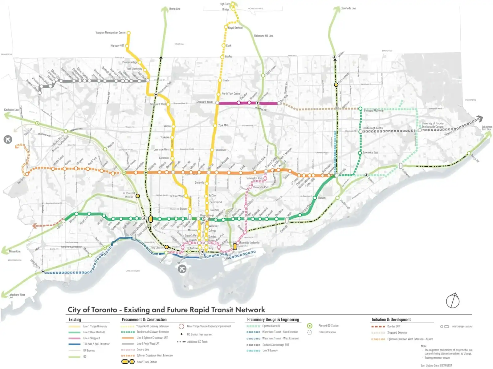 Map of Toronto's current and planned rapid transit lines supporting the city's growing population.