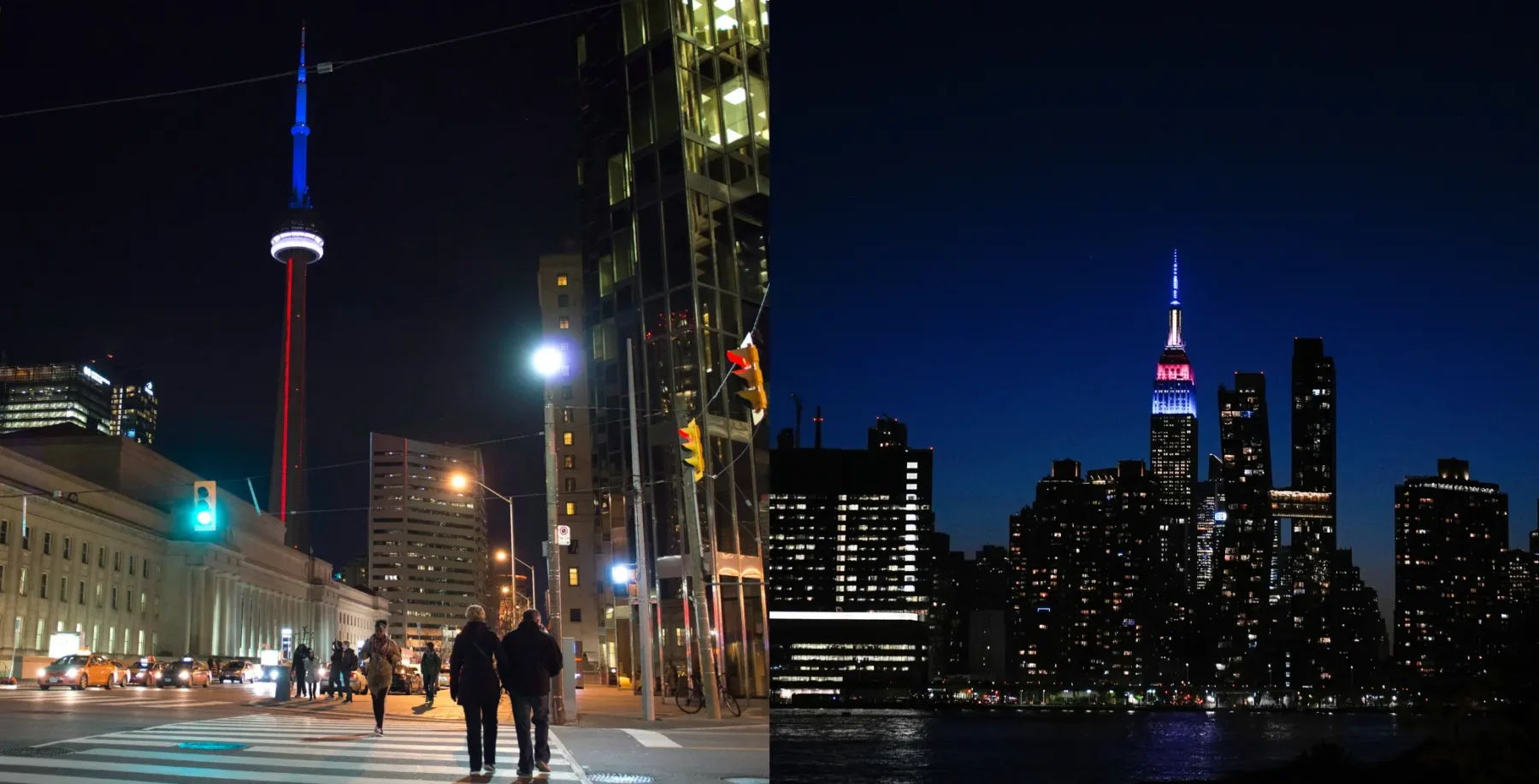 Night view of Toronto skyline with illuminated skyscrapers, including the CN Tower, highlighting the city's vibrant nightlife and urban landscape.