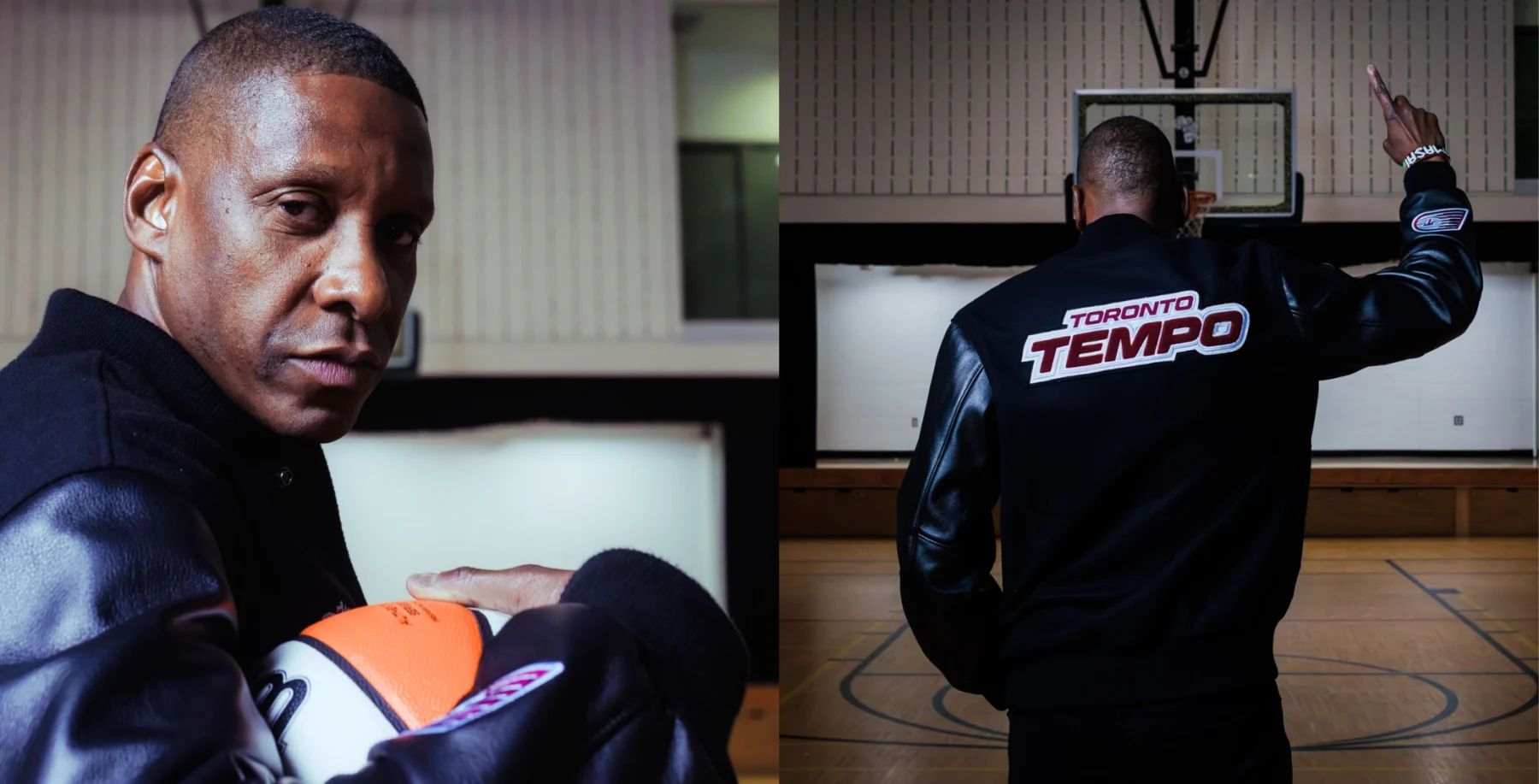 A Toronto basketball player wearing a Toronto Tempo jacket, holding a basketball, and preparing for a game in an indoor gym.