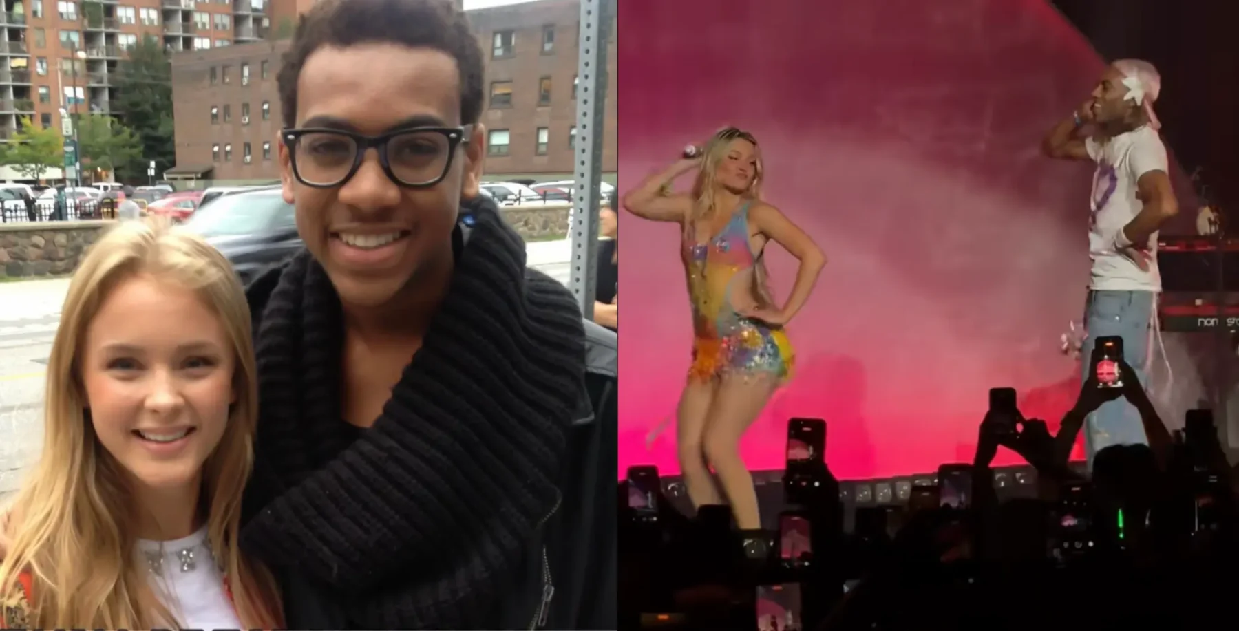 A young girl and a man smiling for a photo outside, and Zara Larsson performing on stage at a Toronto concert with fans capturing the moment.