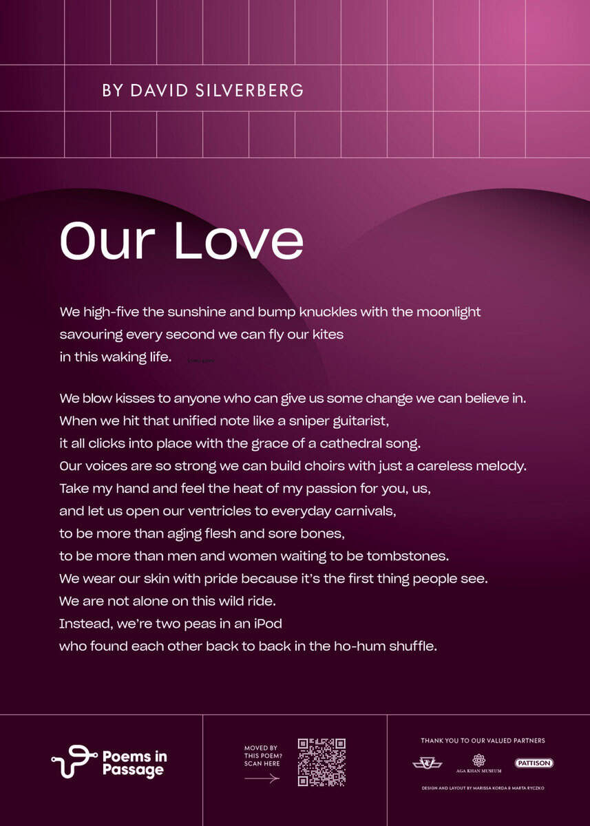 An image of a poetic text titled "Our Love" by David Silverberg, displayed on a purple background with a curved design, highlighting a heartfelt poem about love and connection.