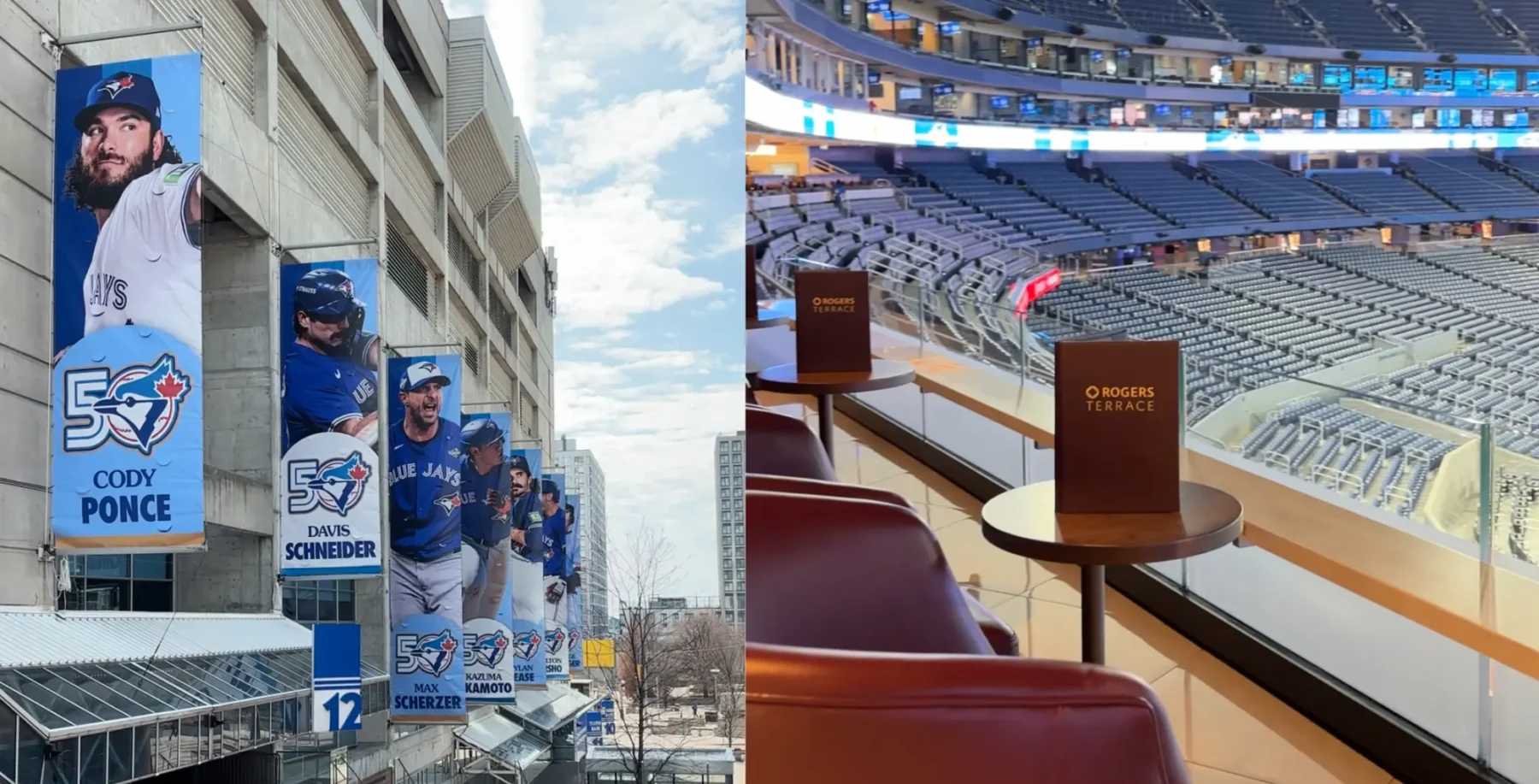 Interior view of Rogers Centre stadium with seating and a view of the baseball field, highlighting the vibrant atmosphere and modern amenities for fans.