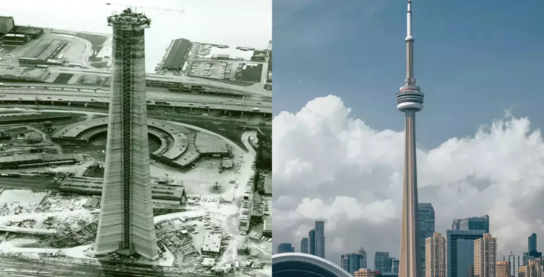 Black and white photo of the CN Tower under construction on the left, and a modern color image of the completed CN Tower with Toronto skyline on the right.