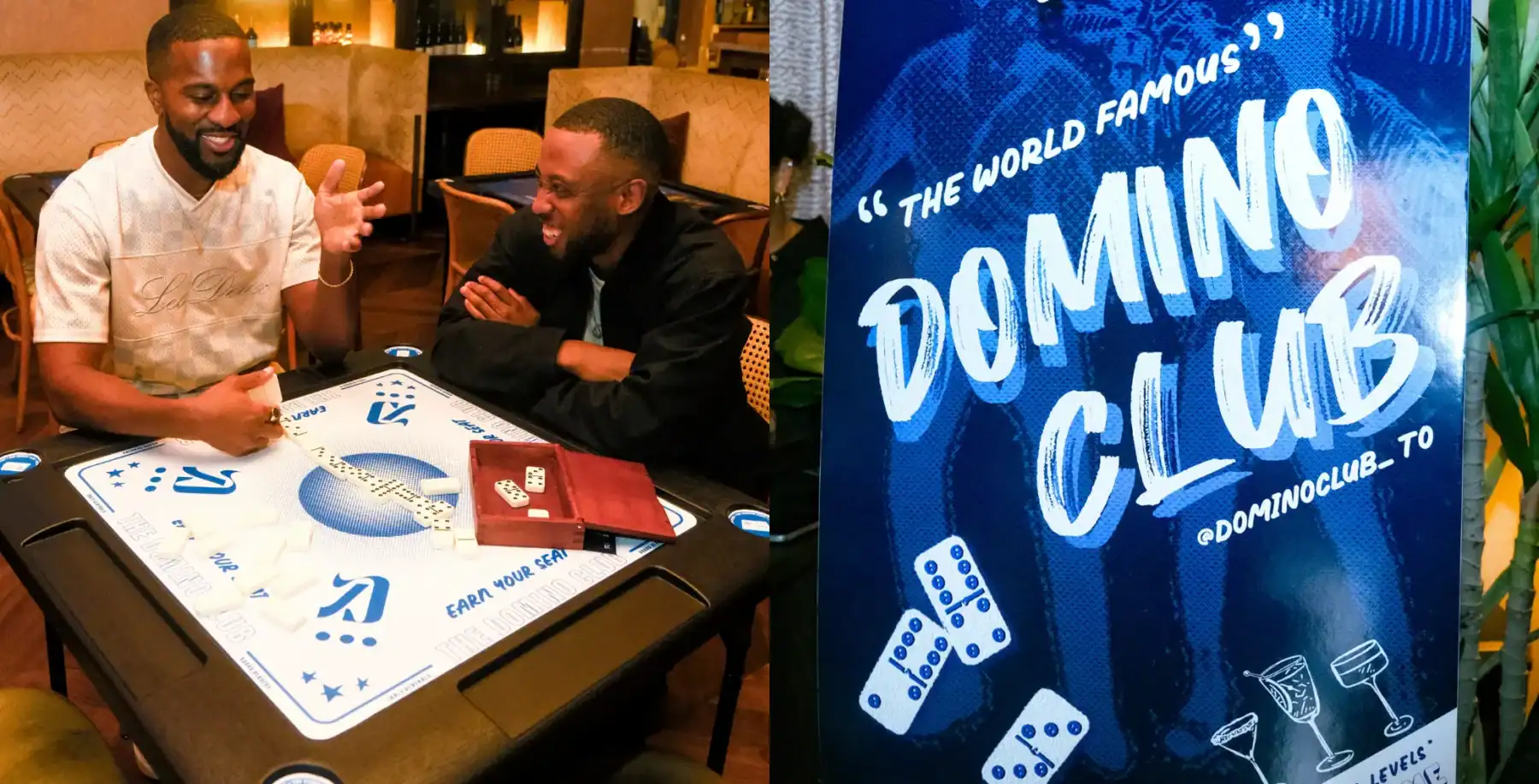 Two men enjoying a game of dominoes at a Toronto club, highlighting Caribbean cultural heritage and community engagement in a social setting.