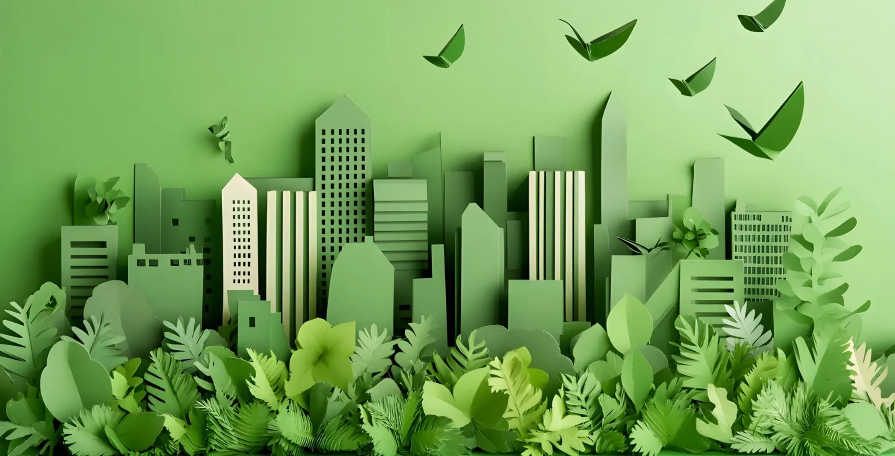 Eco-friendly cityscape with paper-cut buildings and flying leaves, highlighting sustainable urban growth and environmental awareness.