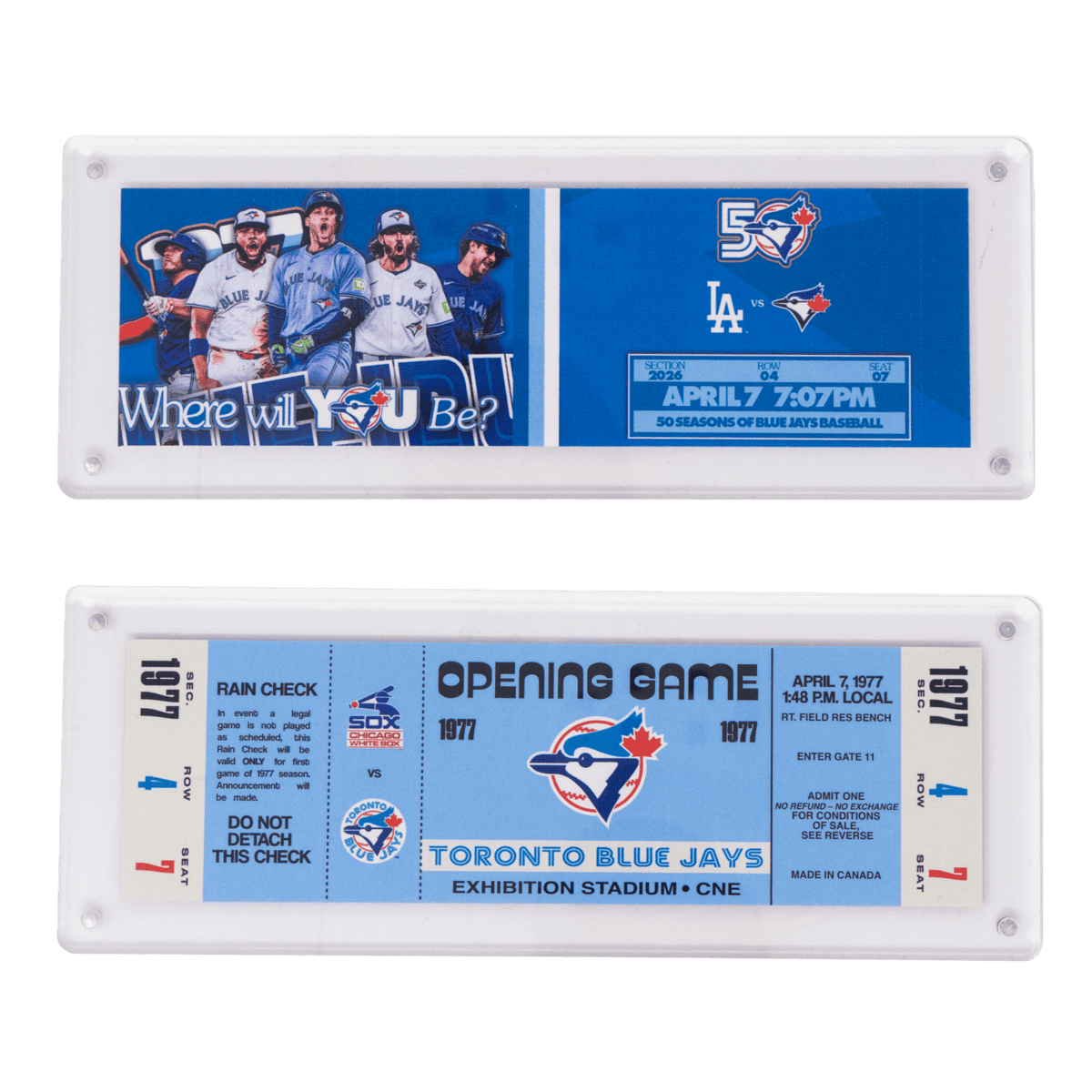 Vintage Toronto Blue Jays baseball tickets from 1977, showcasing team branding and game information.