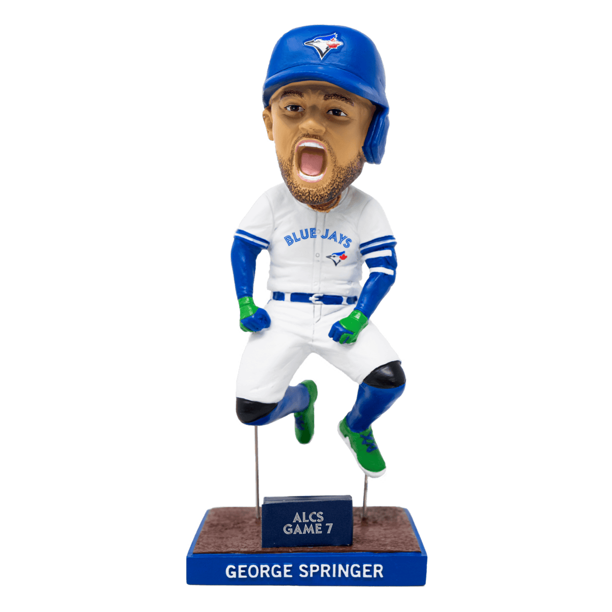 A detailed bobblehead of Toronto Blue Jays player George Springer in uniform, celebrating during ALCS Game 7, perfect for Toronto baseball fans and collectors.