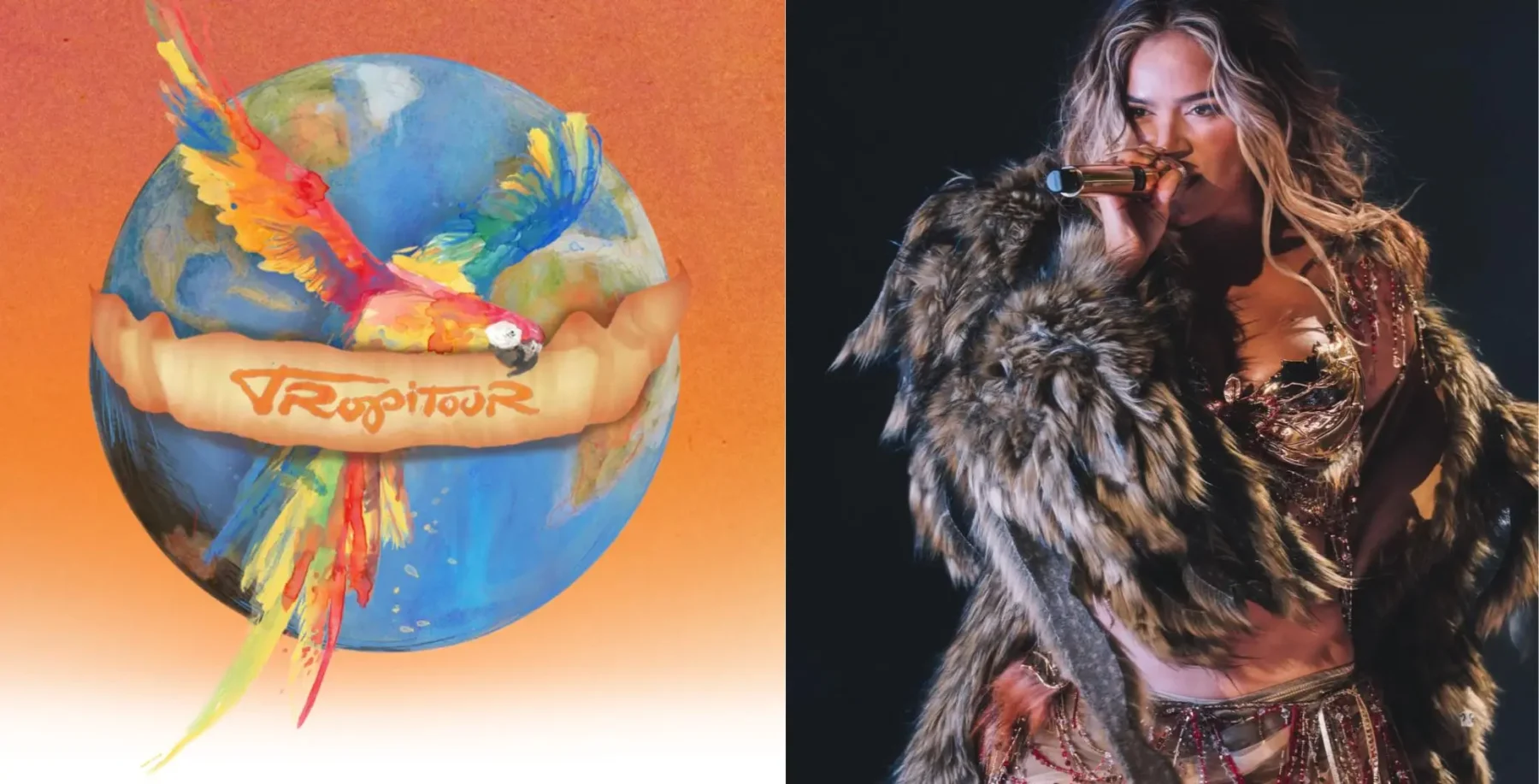 Image of Karol G performing live in Toronto during her Tropicoqueta world tour, showcasing her vibrant stage presence and stylish outfit.