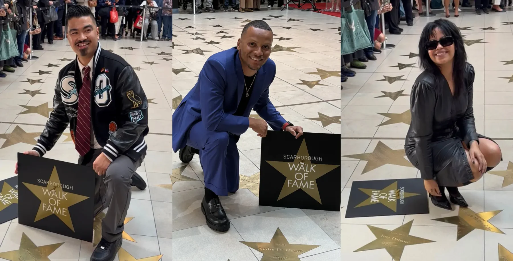 An image of three individuals, Andre De Grasse, Fefe Dobson, and another person, celebrating their induction at the Scarborough Walk of Fame, highlighting community recognition and local pride.