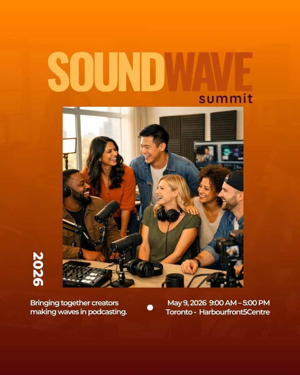 Group of diverse creators at the Soundwave Summit 2026 in Toronto, engaging in podcasting activities, showcasing collaboration and innovation in media production.
