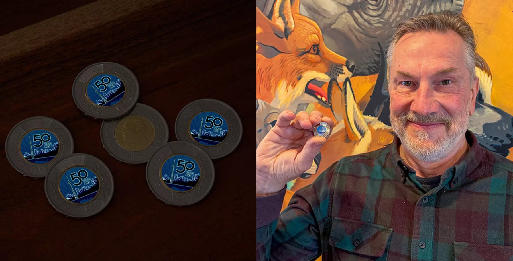 To celebrate the CN Tower’s golden jubilee, a commemorative two dollar coin was designed by Canadian illustrator Carl Wiens.