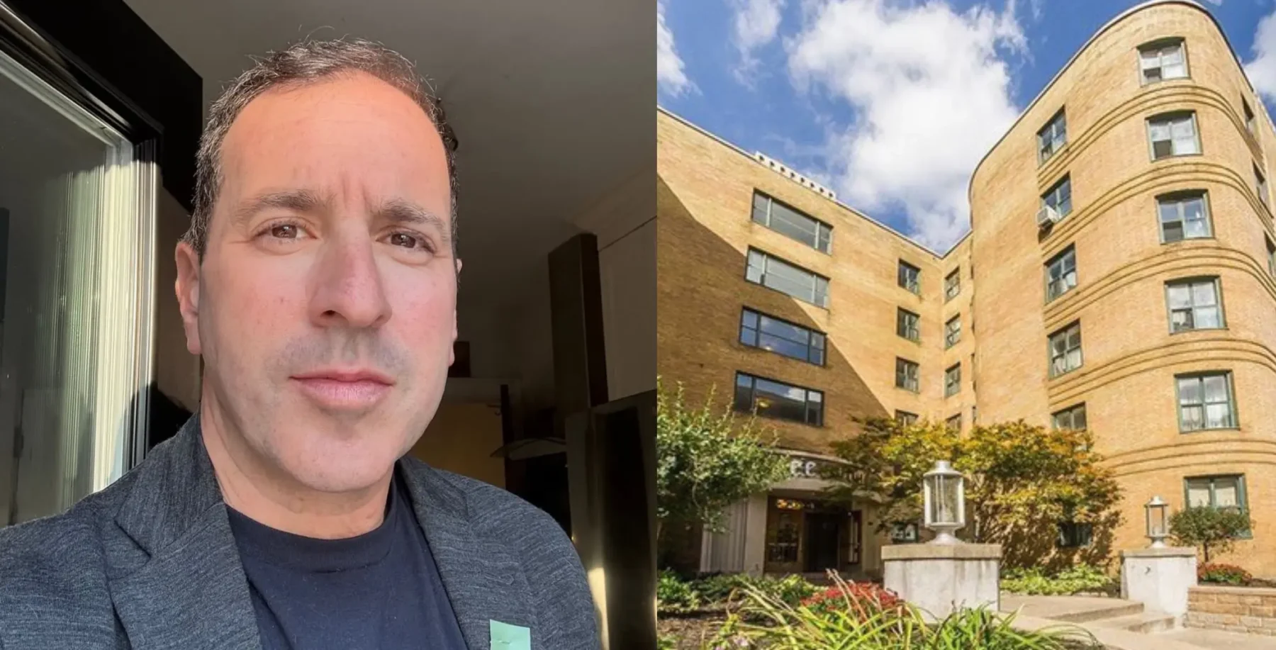 A professional portrait of a man with short hair and a serious expression, standing indoors, alongside a view of a historic Toronto apartment building with a clear blue sky and lush greenery.