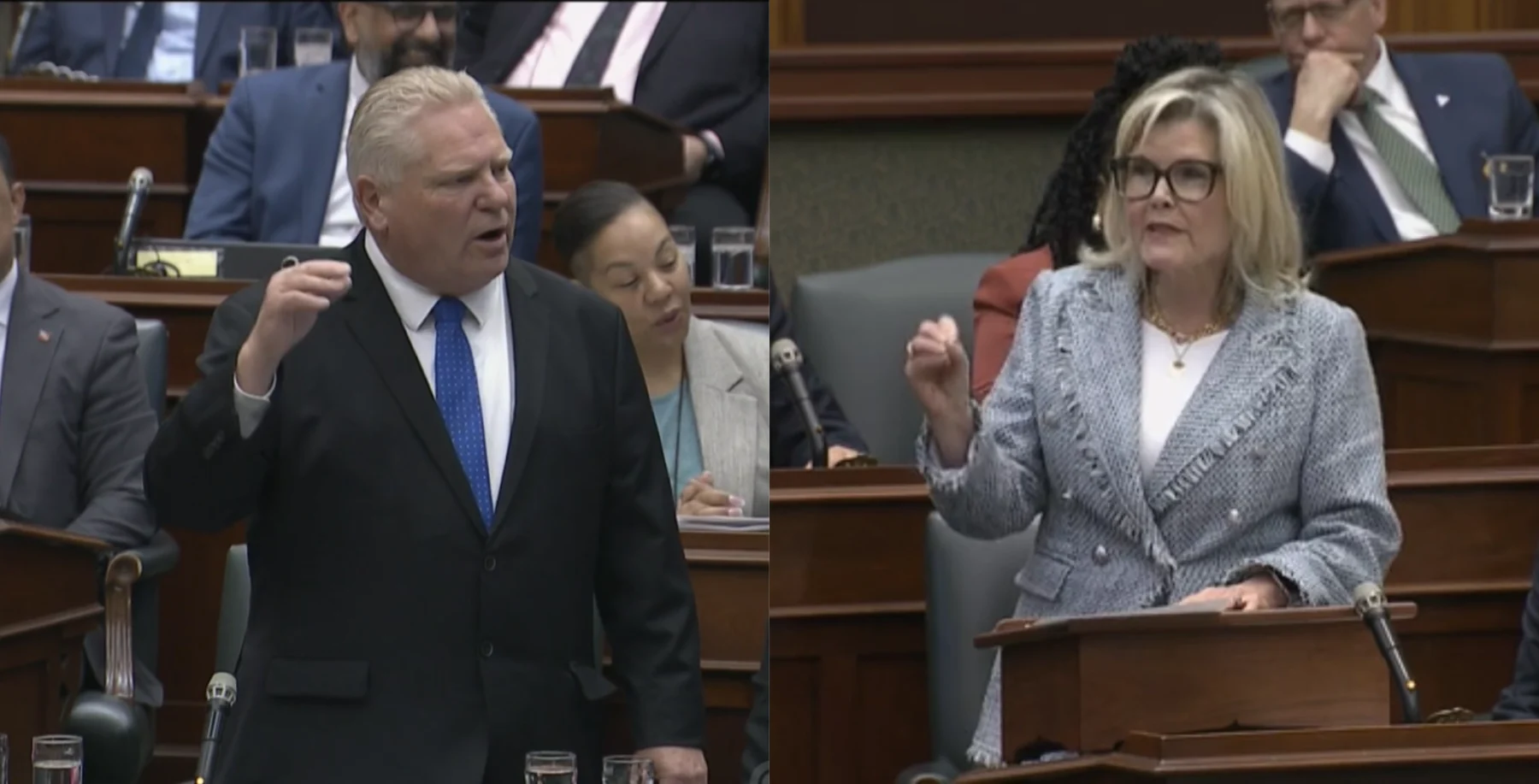 A man and a woman engaged in a heated discussion during a parliamentary session in Ontario.