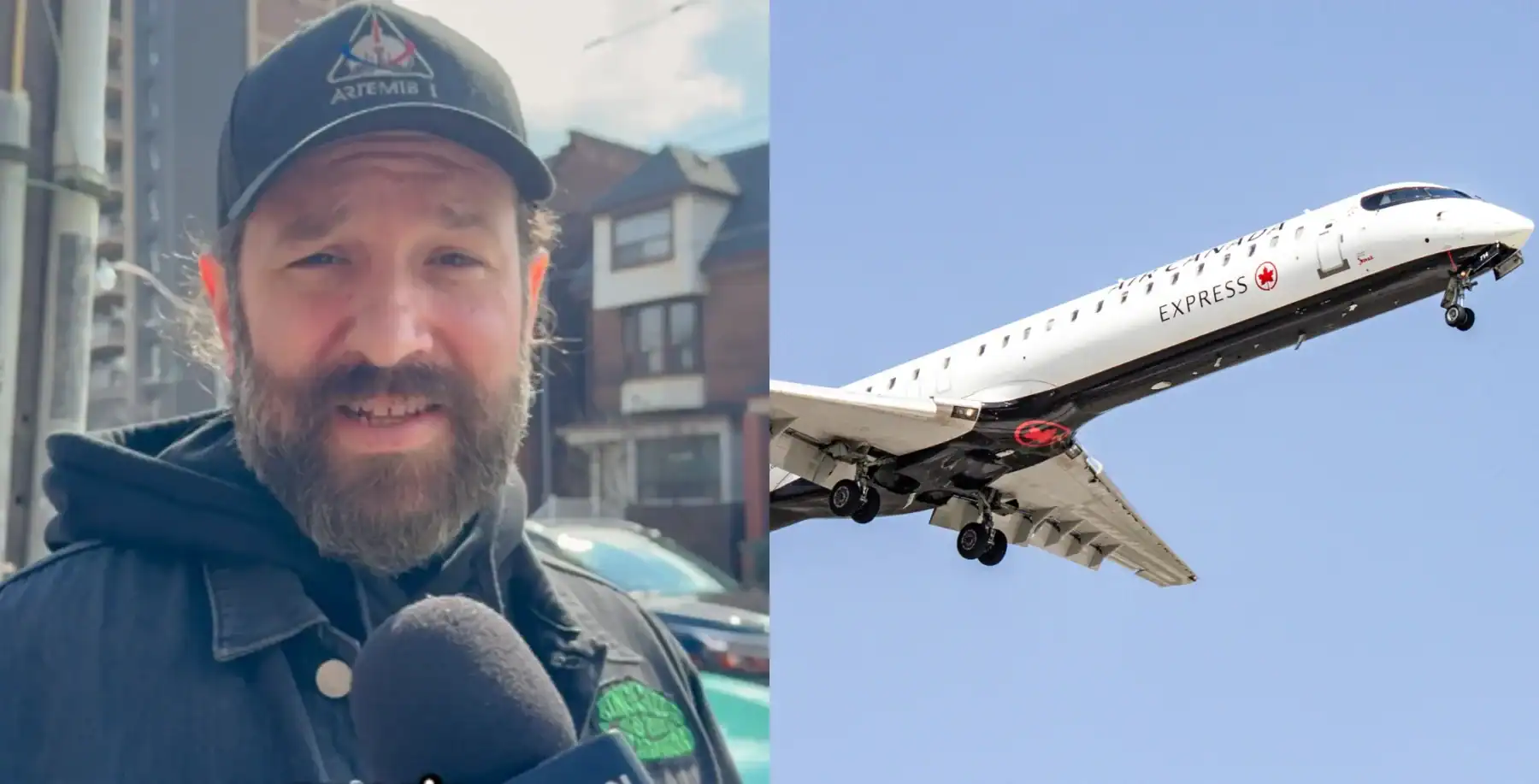 A man in a blue jacket and cap speaking into a microphone, with a Porter Airlines plane flying in the clear blue sky behind him.
