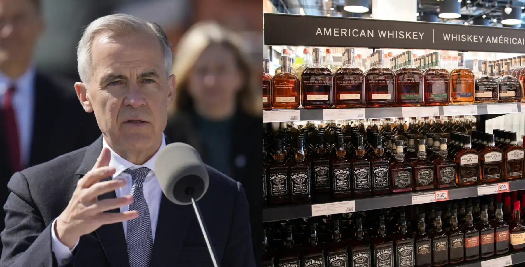 Canadian market expert speaking about potential return of American alcohol brands amid tariff discussions, with shelves of whiskey bottles in the background.