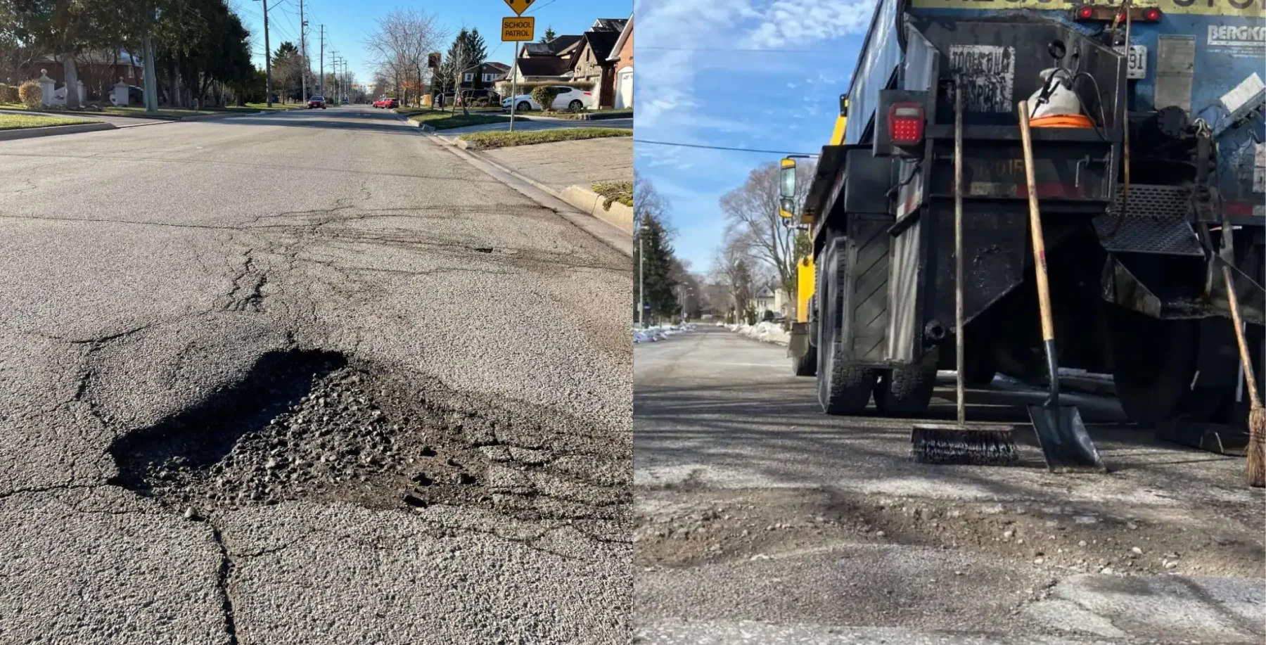 Close-up of a large pothole and road maintenance equipment on a Toronto street, highlighting city efforts to fix potholes and prevent vehicle damage.
