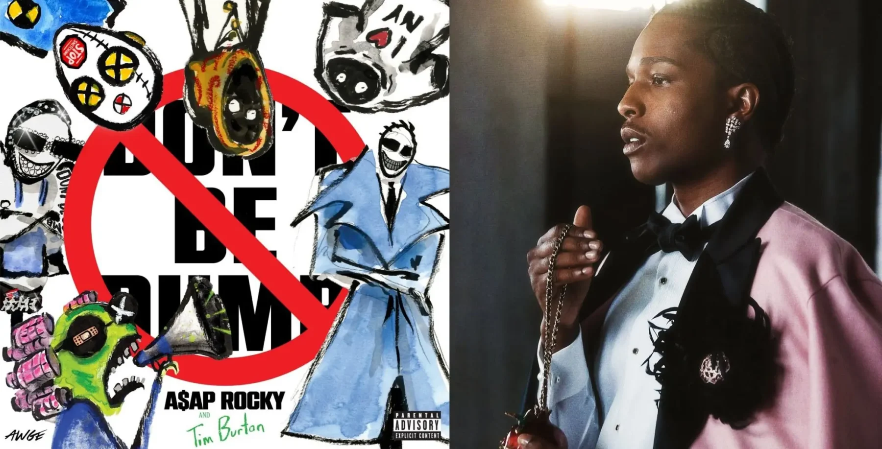 Cover art for A$AP Rocky's "D.M.B." single featuring cartoon illustrations of various characters with a red prohibition sign, emphasizing music and urban culture.