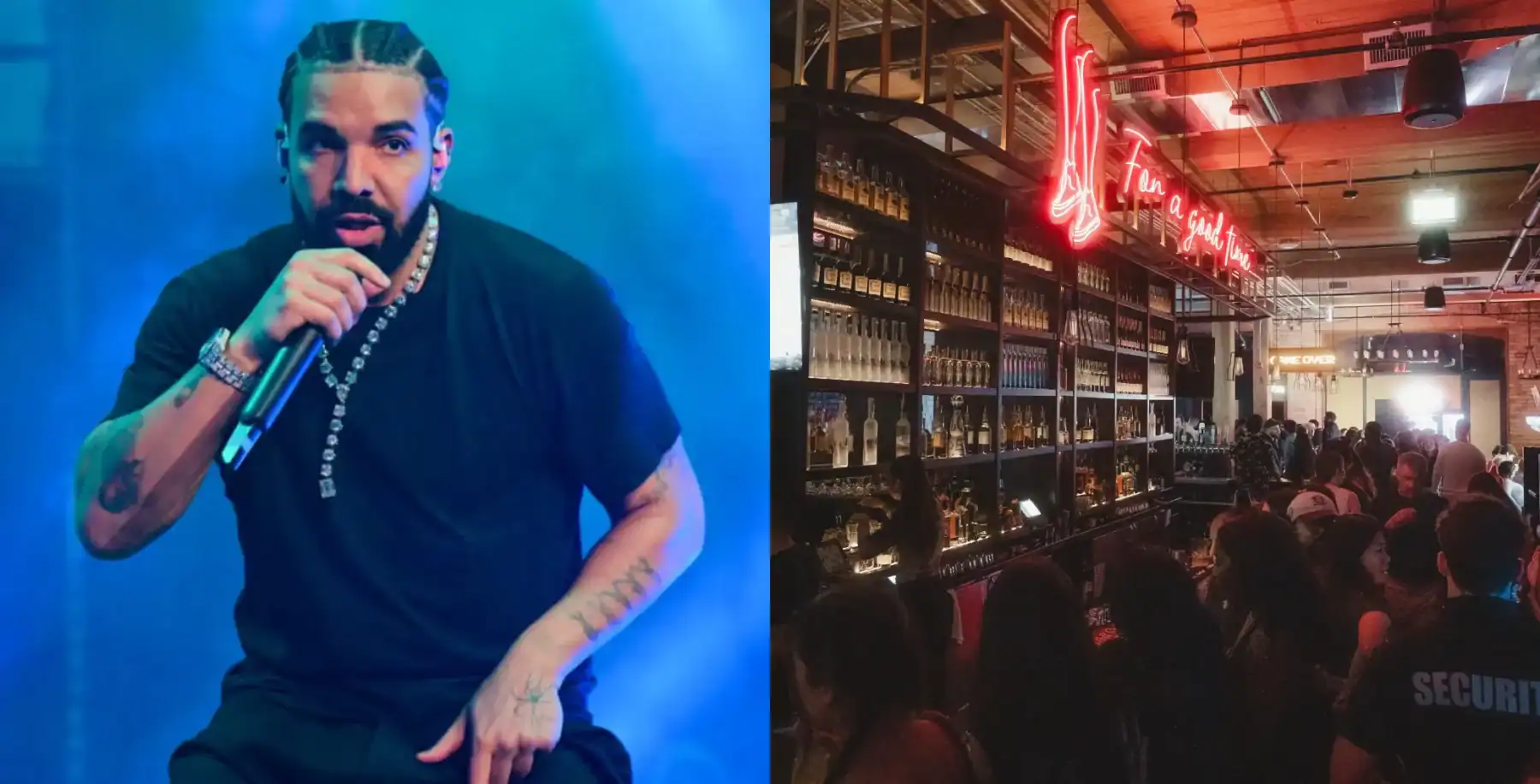 A male performer singing into a microphone on stage with blue lighting, and a busy bar scene with patrons and neon signs in the background at a NOW Toronto event.