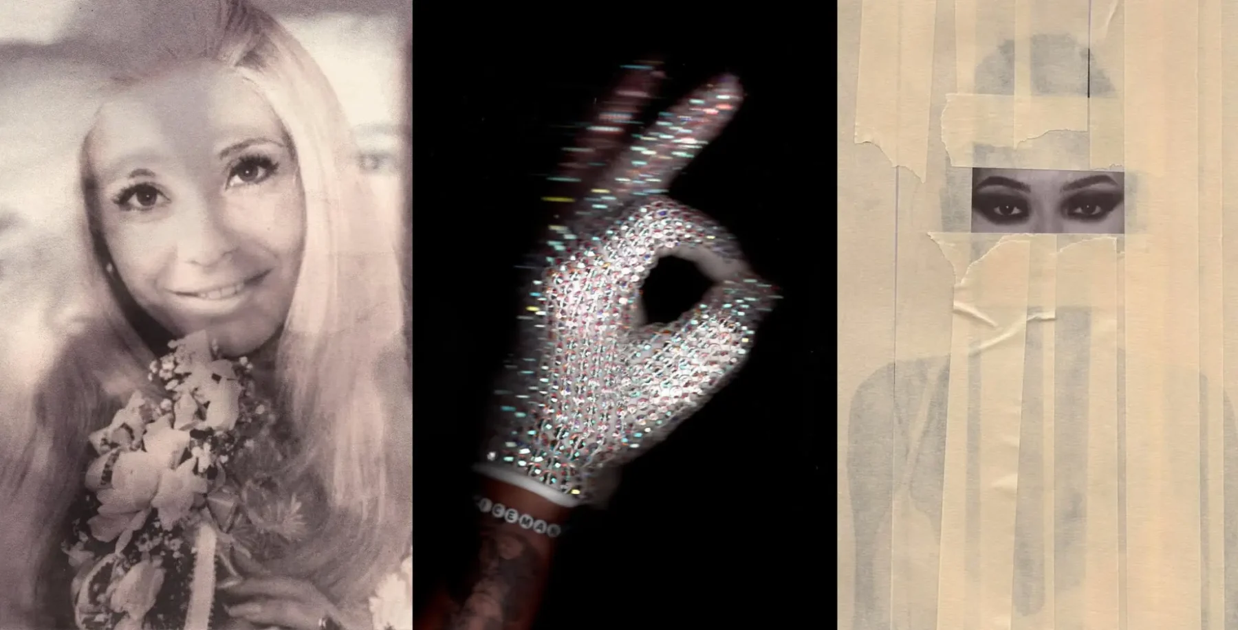 A collage of three images including a smiling woman holding flowers, a hand with rhinestones making an OK gesture, and a face partially covered with tape, representing diverse artistic expressions in.