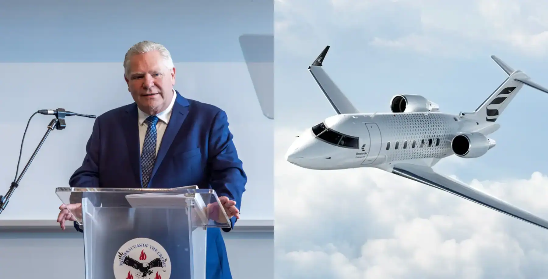 A businessman in a blue suit speaking at a podium with a private jet flying in the sky behind him, highlighting luxury travel and executive aviation services.