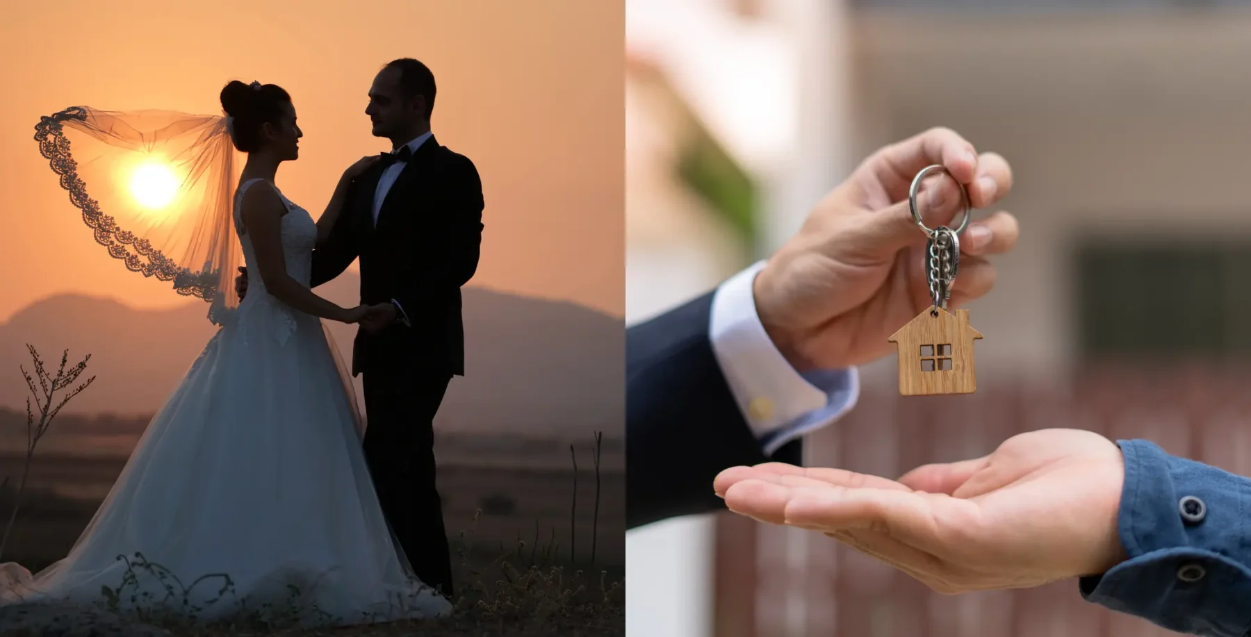 A romantic wedding scene featuring a bride and groom holding hands at sunset, with a scenic landscape in the background, perfect for wedding, romance, and outdoor event keywords.