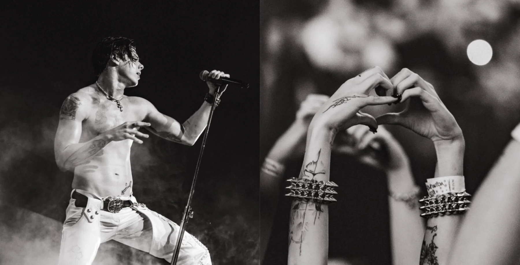 A black and white image of Yungblud performing shirtless with a microphone, alongside a close-up of hands forming a heart shape, showcasing fan engagement and artistic expression.