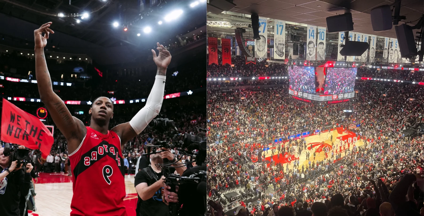 An energetic Toronto Raptors player celebrating on the court during a game at Scotiabank Arena, with fans and bright lights in the background.
