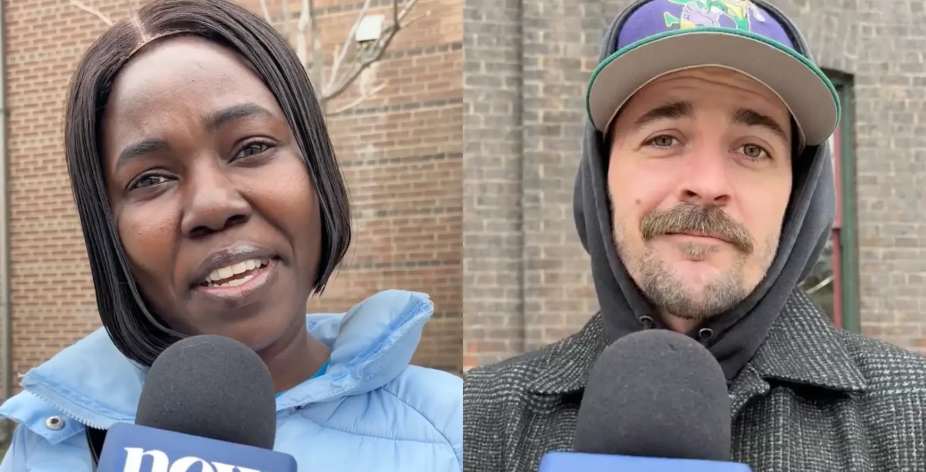 An image of two Toronto residents, a woman and a man, speaking into microphones during an outdoor interview, showcasing community engagement in Toronto.