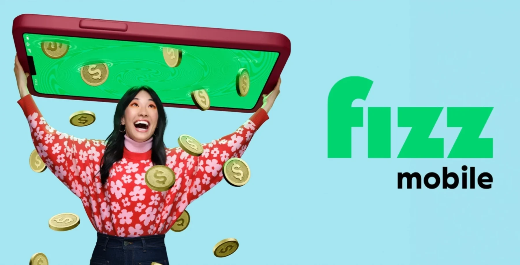 A cheerful woman holding a large smartphone with dollar coins falling around her, representing savings and financial benefits with Fizz Mobile.