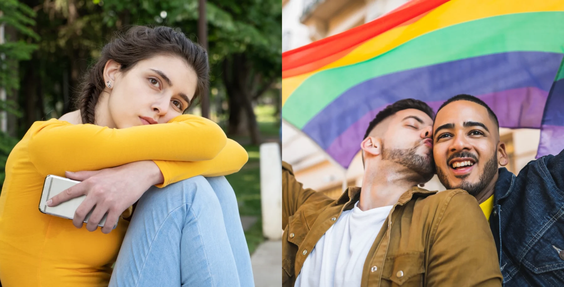 Two diverse men sharing a joyful moment under a rainbow flag, symbolizing pride and inclusivity in Toronto's LGBTQ+ community.