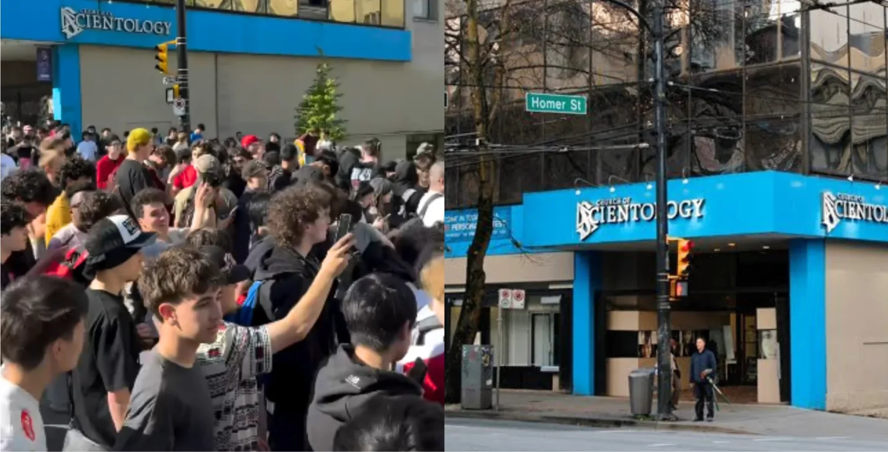 A large crowd gathers outside a Scientology center in Vancouver, highlighting the viral TikTok trend influencing public interest and curiosity about Scientology practices.