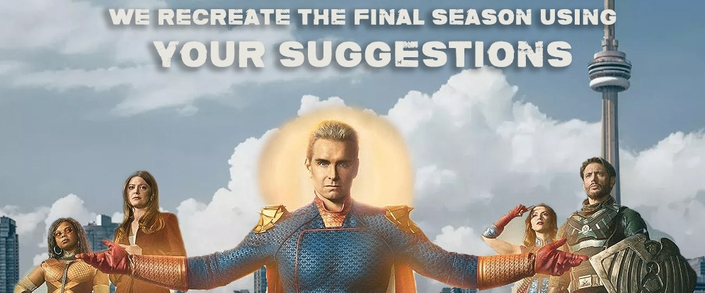 A promotional image featuring a superhero team with outstretched arms, set against Toronto's skyline, encouraging audience suggestions for the final season of a popular show.
