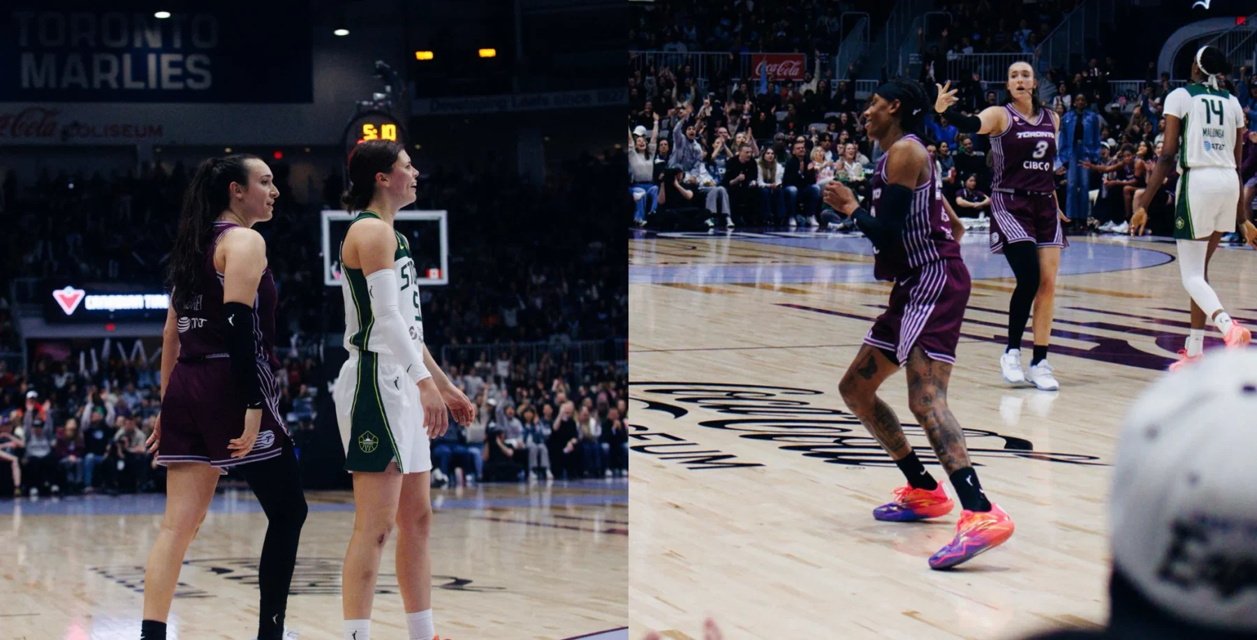 Female basketball players on the court during a Toronto Raptors game at Scotiabank Arena, with fans in the background, showcasing women's professional basketball in Toronto.