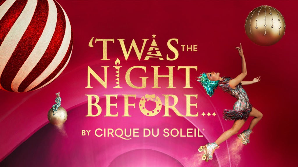 Promotional image for Cirque du Soleil's "Twas the Night Before" show, featuring a performer in colorful costume and festive holiday decorations, highlighting Toronto's entertainment scene.