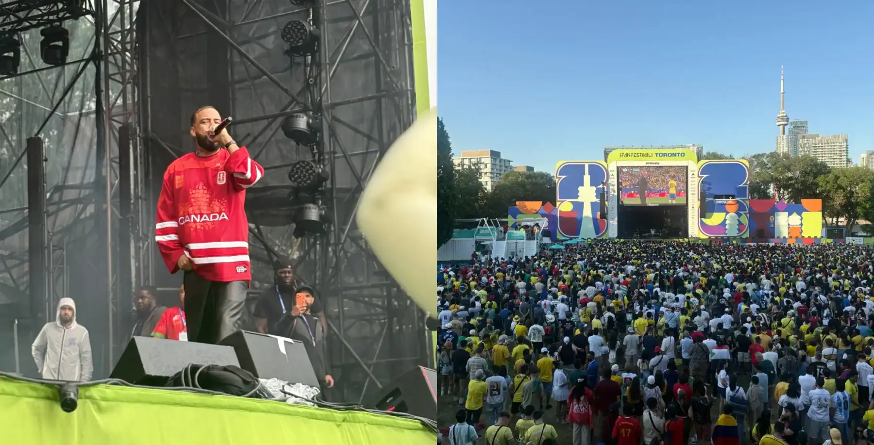 French Montana performing at FIFA Fan Festival in Toronto with a large crowd and city skyline in background.