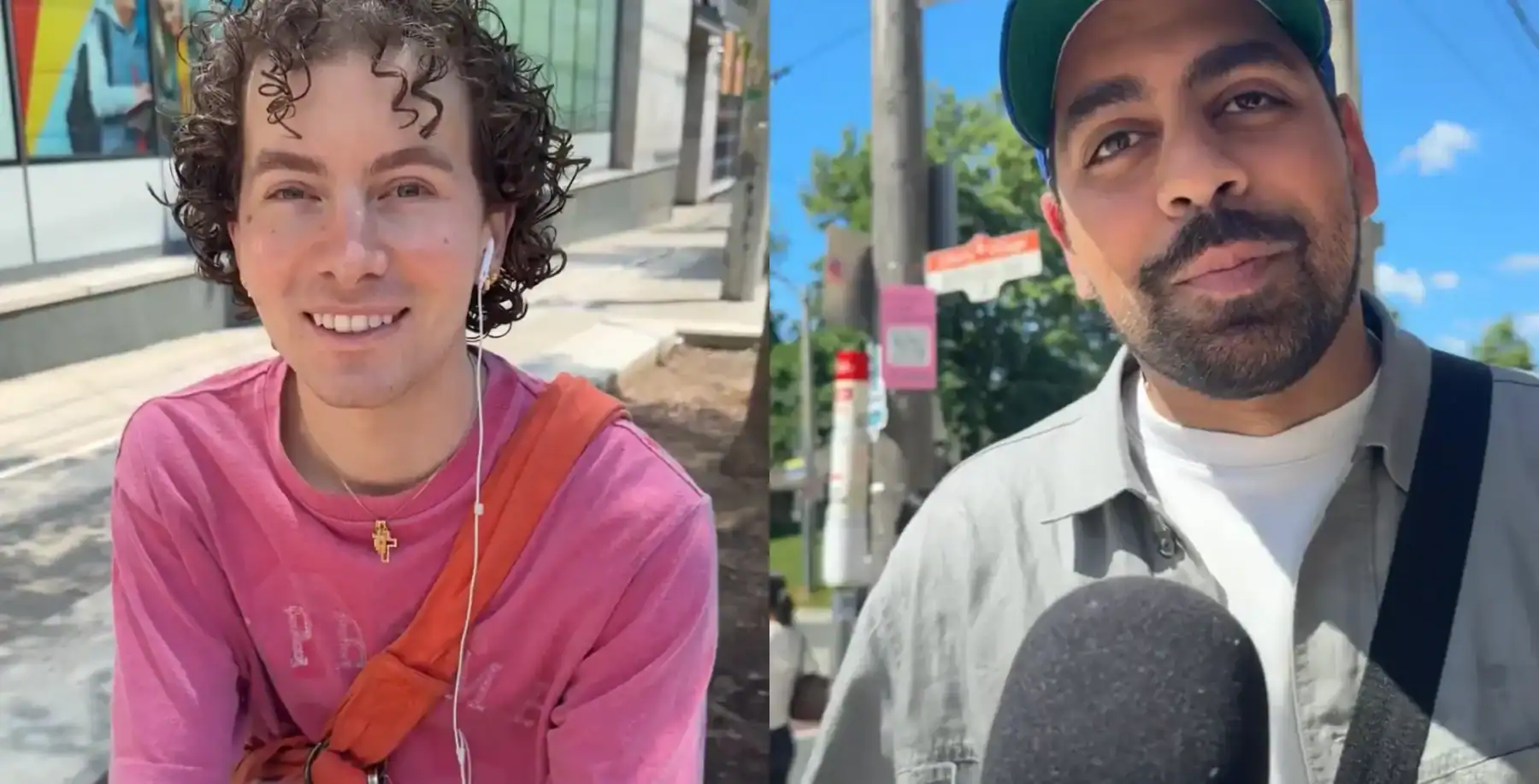 Two individuals outdoors in Toronto, one smiling woman with curly hair and a pink shirt, and a man with a beard and cap being interviewed.