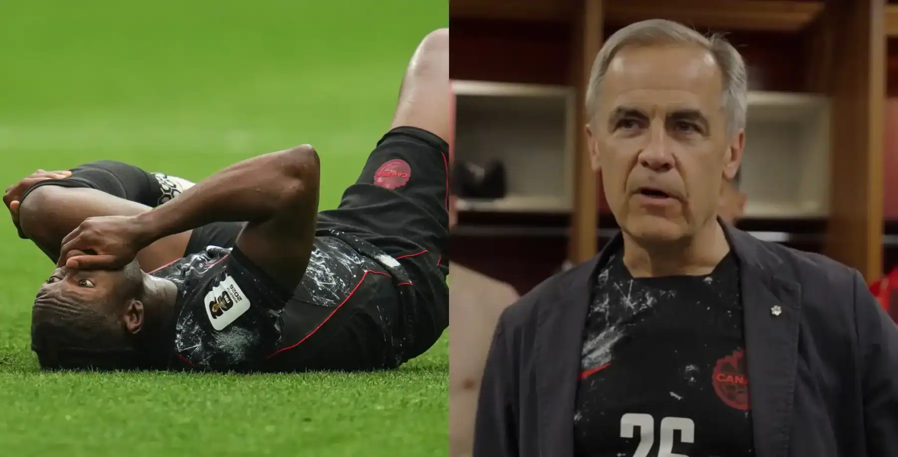 A soccer player lying on the field and a man in a black sports jersey in an indoor setting, possibly a locker room, during a sports event or interview.