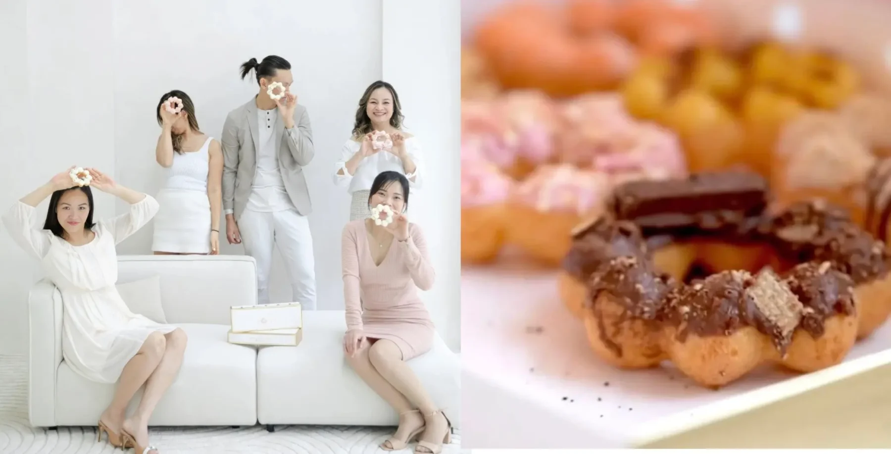 A woman and four girls wearing face masks in a bright, modern living room, with a close-up of a cookie topped with chocolate and colorful cereal pieces.