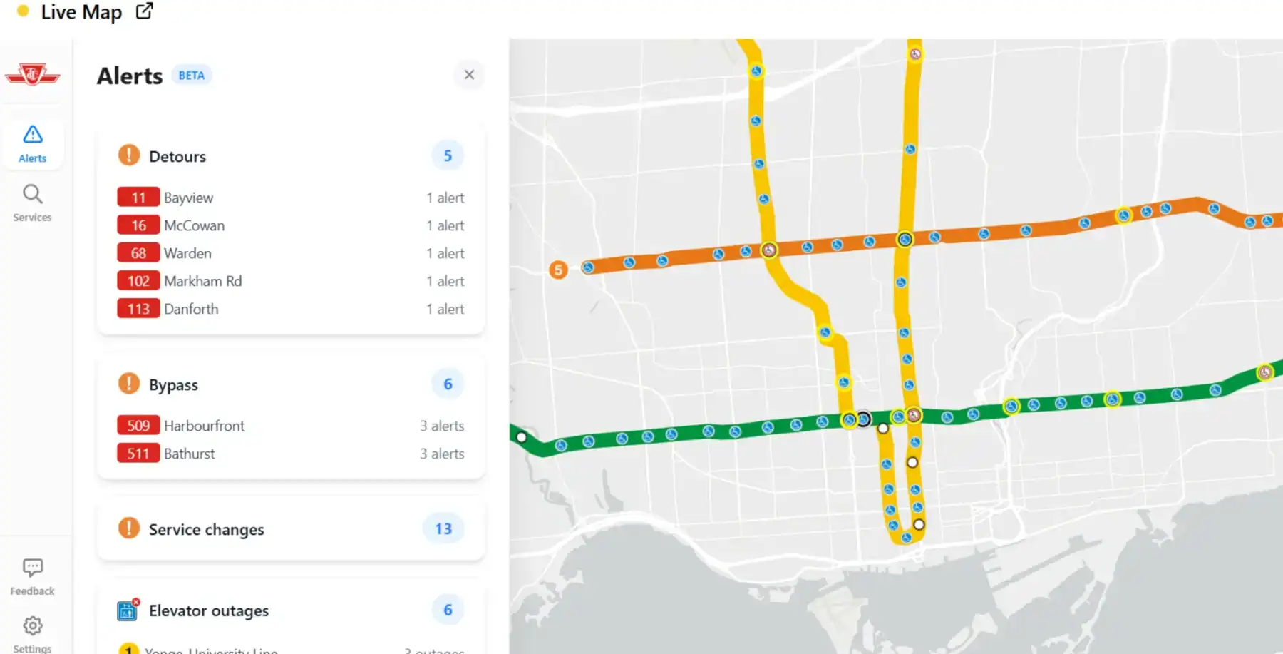 Toronto TTC live map showing delays, disruptions, and service alerts with coloured lines indicating different statuses for transit routes.