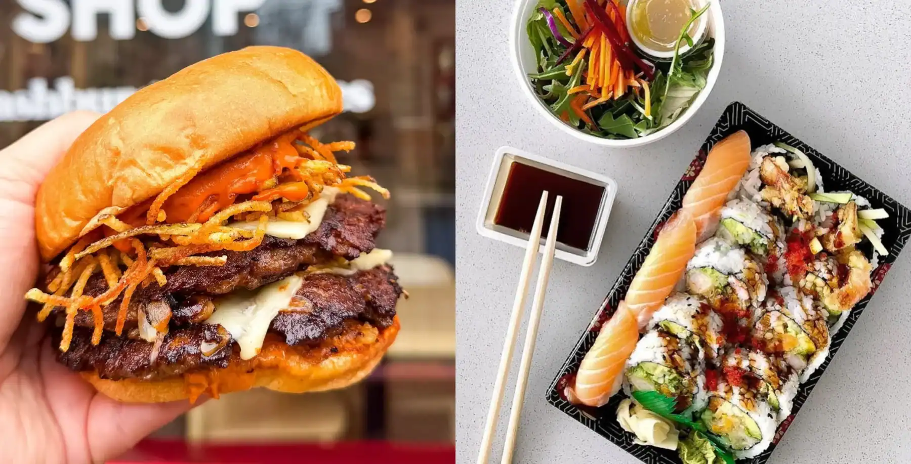 Close-up of a hand holding a beef burger with cheese, fried onions, and vegetables in a bun, with a blurred restaurant background.