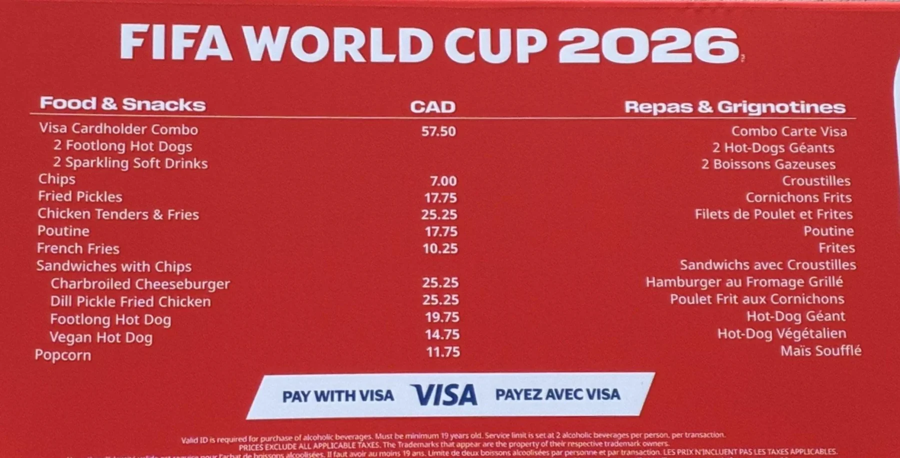 FIFA World Cup 2026 food and snack menu with prices, including hot dogs, fries, chicken tenders, and beverages, on a red background.