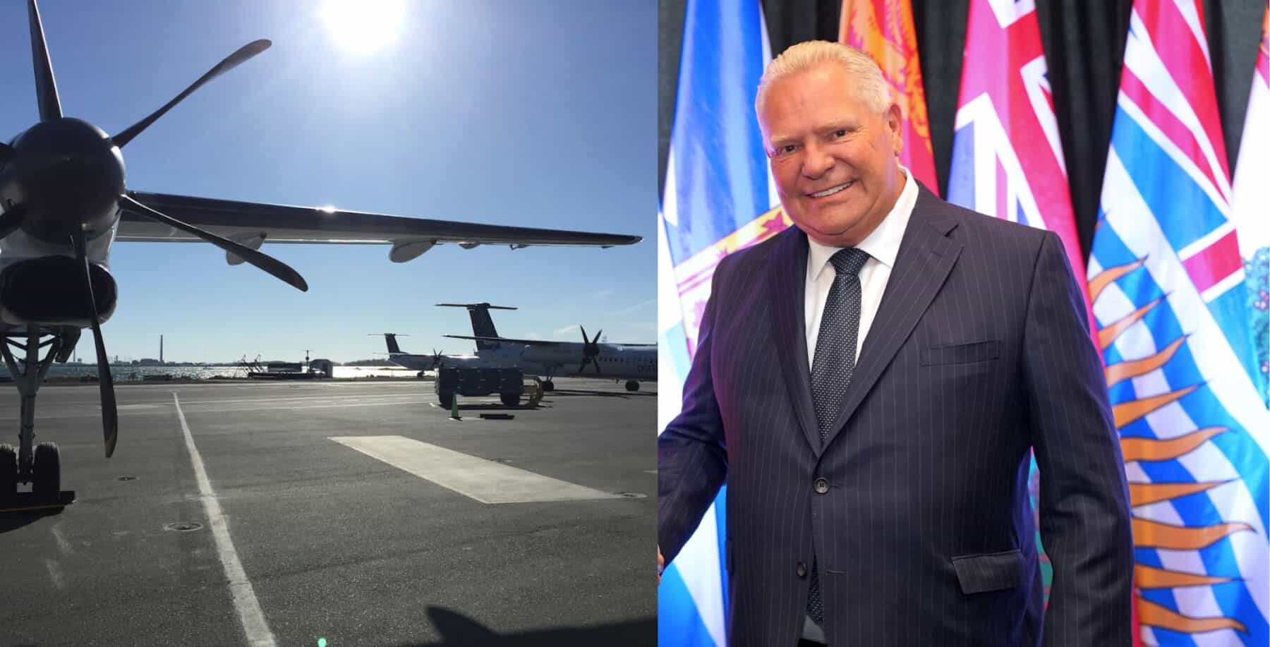 Toronto airport tarmac with military aircraft and a smiling man in a suit at a political event with flags in the background.